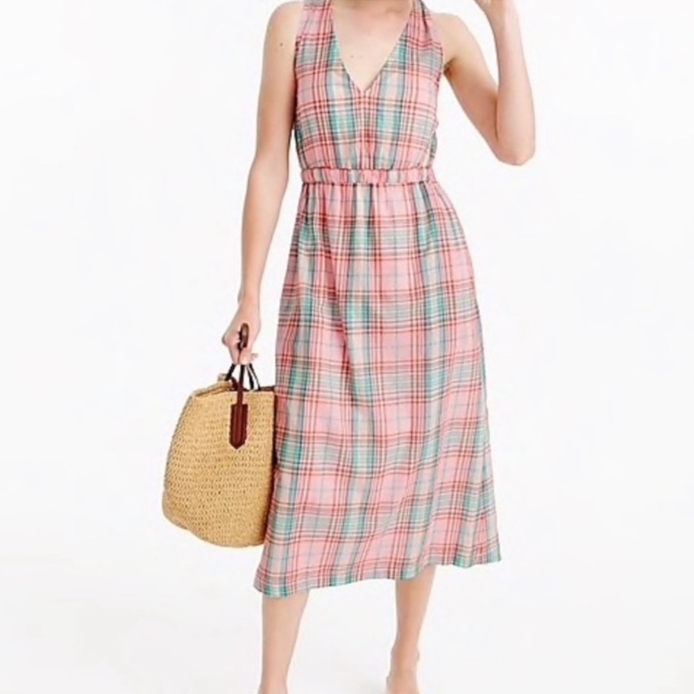 J. Crew 100% Cotton Vintage Pink/Green Plaid Cross-Back Midi Dress Size Large